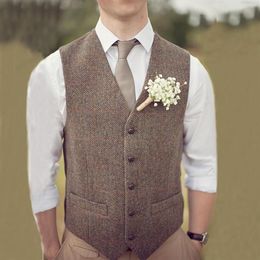 Country Brown Bruidegom Vesten Voor Bruiloft Wollen Visgraat Tweed Custom Made Slim Fit Mens Suit Vest Farm Prom Dress Vest Plus Si215t