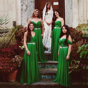 Country mousseline de soie une ligne froncée sur l'épaule perlée robes de demoiselle d'honneur vert robes d'invité de mariage 328 328