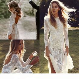 Country Jurken 2021 Lange mouwen Sexy Backless geschoeide Lace Bateau Custom Made Tule Plus Size Wedding Gown Vestido de Novia