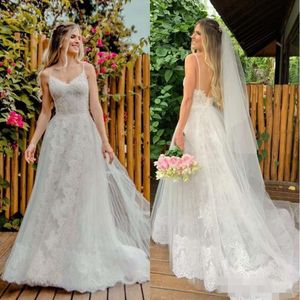 Robes de campagne Spaghetti STTRAPS LACE APPLIQUE Backless Sweep Train Made Made Made Made Vestido de Novia 401