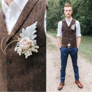 Country Farm Wedding Brown Wool Herringbone Tweed Vests Cestimed Gile Gile Slim Fit Mens Costume Waistcoat Men's Cost Blazers 214E