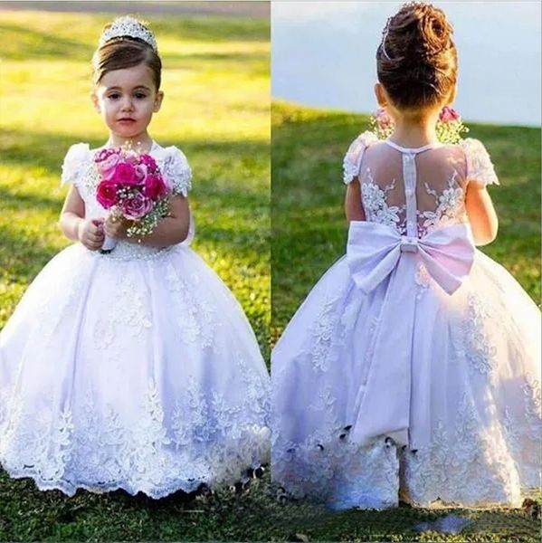 Vestidos de niña de flores de campo Vestido de fiesta Joya Manga hasta el suelo Vestidos de desfile para niñas con apliques de encaje Arco para fiesta de bodas