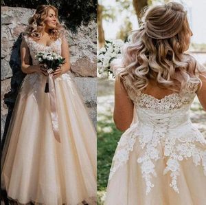 Country Garden Champagne Een lijn trouwjurk Back B Neck Lace Appliques Bridal Jurns Plus Size Vestido de Novia 407