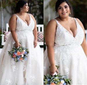 Land nieuwe aankomststijl plus size a line jurken v nek backless kanten applique vloer lengte trouwjurk bruidsjurk bruidsjurken gewaden pplique