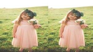 Country Style 2017 Blush rose dentelle et mousseline de soie enfant en bas âge robes de filles de fleur pour les mariages pas cher à manches courtes longueur de thé robe formelle5289708