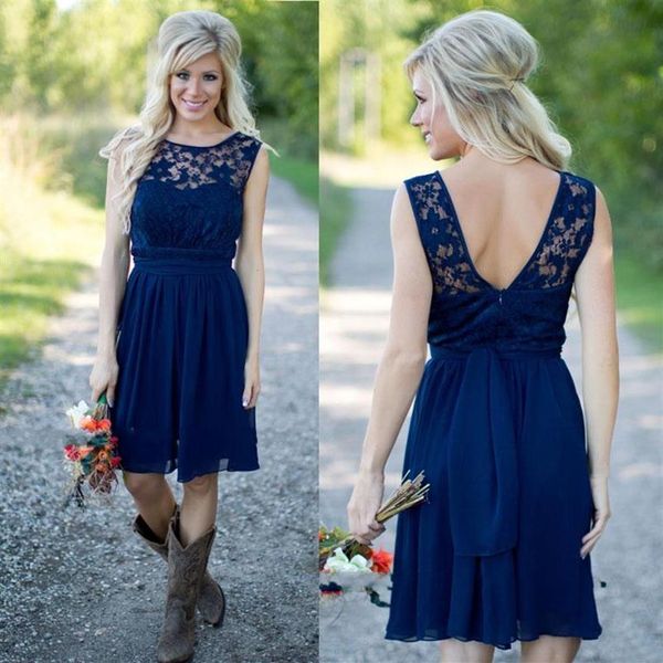 Vestidos de dama de honor cortos de encaje de gasa azul real de estilo rural para bodas Joya barata sin espalda Hasta la rodilla Vestidos casuales2498