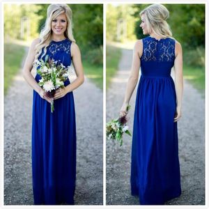 Country Style Royal Blue Long Prom Jurken Goedkope Kant Jewel Neck Rits Back Chiffon Maid of the Honor Toga's Vloerlengte