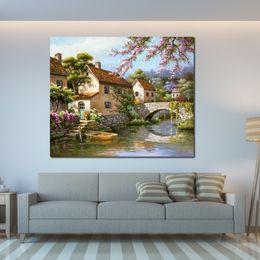 Country Village Canal door Sung Kim Schilderij Handgemaakte Canvas Art Serene Platteland Moderne Slaapkamer Decor Levendig