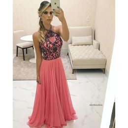 Country Water Melon Cheap Evening Halter Prom Dresses Chiffon Sexy Formal Fiest Farty Gowns Q60 0510