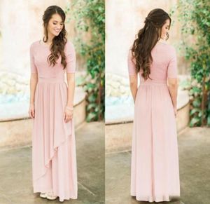 Vestidos de damas de honor de bodas country Boho Modest Rose Dusty Long Damas de honor con media manga Chiffon6874960