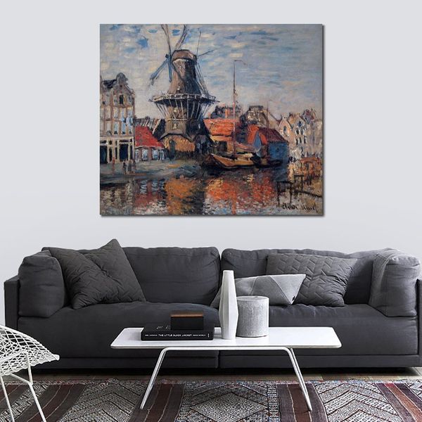 Campagne paysage toile Art moulin à vent sur le canal Onbekende Amsterdam Claude Monet peinture impressionniste décor à la maison