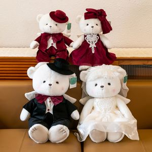 Pareja de ángel oso peluche juguete pequeño oso muñeca vestido de novia oso muñeca tirando cama de boda muñeca muñeca