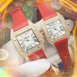 Pareja Moda mujer hombre relojes de cuarzo cuadrado de alta calidad caja de anillo de diamantes romanos diseño superior de lujo reloj con cinturón de cuero Nice table193a