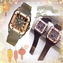 Couple Japon Quartz Mouvement Montres Femmes Hommes De Luxe Marron Noir Vert Ceinture En Caoutchouc Montre De Mode Carré Réservoir Romain Montres-bracelets261B