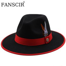 Pareja de sombreros de Jazz, sombrero Fedora de lana de ala ancha para mujer, fascinador blanco y negro, iglesia de boda con plumas, cinturones de lujo para sombreros para hombres 220812