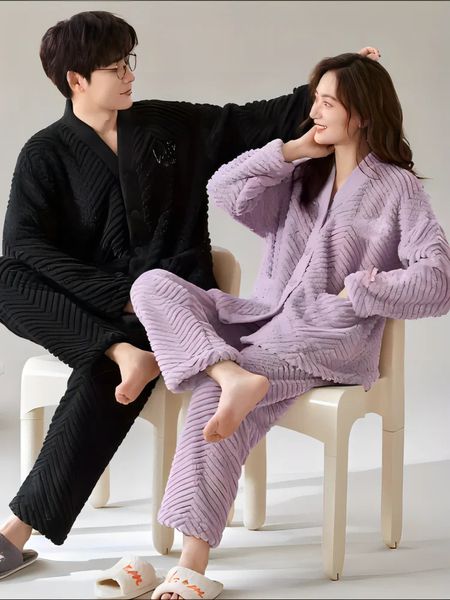Pareja Look Pijama Room Wear Winter Winter Warm Sleepwear Pajamas Big Pajamas Juego de mujer estilo coreano Dos piezas Vestido camisón Romantic 240428