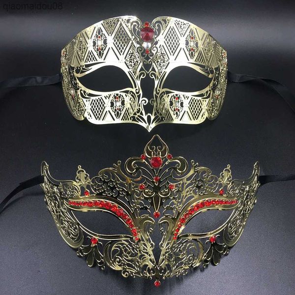 Couple hommes femmes métal filigrane mascarade masque vénitien Costume bal fête balle or rouge strass fête masque L230704