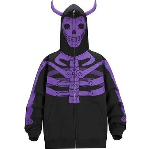 Pareja Hombres Mujeres Sudadera con capucha de gran tamaño Fantasma de Halloween Impresión de calavera Cremallera completa Ropa informal estilo Hip Hop Sudaderas vintage Otoño Invierno Top