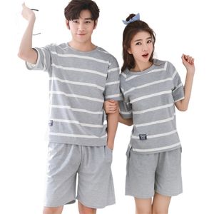 Pareja ropa de dormir traje de verano dulce pijama de manga corta a rayas Casual Homewear hombres grandes yardas M-3XL algodón Pijamas Mujer 220426