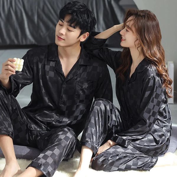 Couple Pyjama Ensembles Pour Hommes Pyjama Loungewear Vêtements De Nuit À Manches Longues Pantalon De Sommeil En Soie Satin Pyjamas Vêtements De Nuit Amant Pijamas 240307