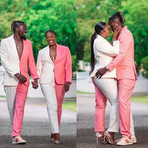 Ensemble pantalon pour Couple, grande taille, vêtements de fête pour invités de mariage, un bouton, rose et blanc, costumes pour dames