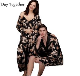 Couple imprimé dragon kimono robes hommes vêtements de nuit noirs en satin de nuit satin femmes039