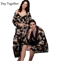 Couple imprimé dragon kimono robes hommes vêtements de nuit noir soie satin chemise de nuit femmes sexy chemises de nuit peignoir vêtements de nuit Pajam3528