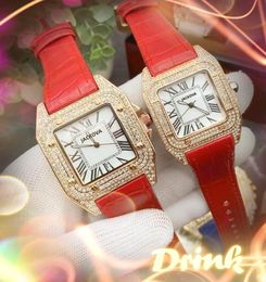 Par de relojes de cuarzo de moda para hombre y mujer, caja de anillo de diamantes romanos cuadrados con fecha automática, cinturón de cuero genuino, logotipo famoso, regalos para hombre, reloj de pulsera