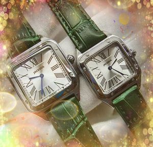 Couple quartz mode hommes femmes montres date automatique carré deux broches cadran romain montre ceinture en cuir véritable série réservoir tendance affaires montre-bracelet atmosphère classique