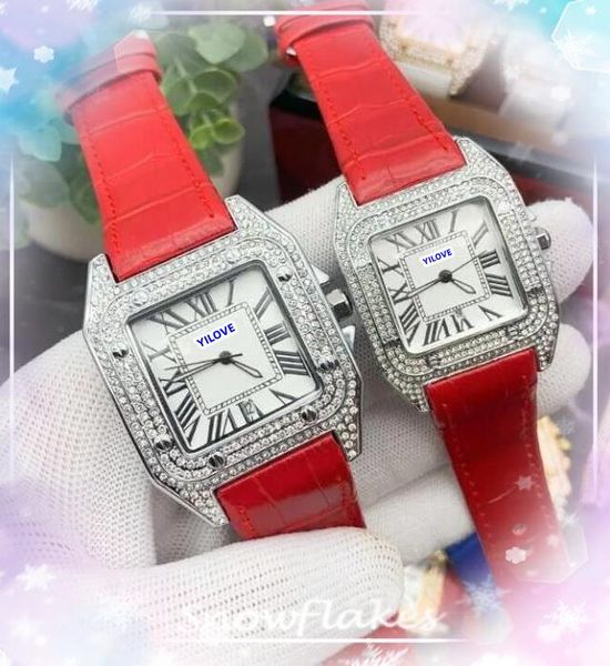 Couple rouge bleu noire vache en cuir amateurs de ceinture de montres pour hommes et femmes horloge de mouvement de quartz diamants sonnez bien beaux cadrans carrés de carré