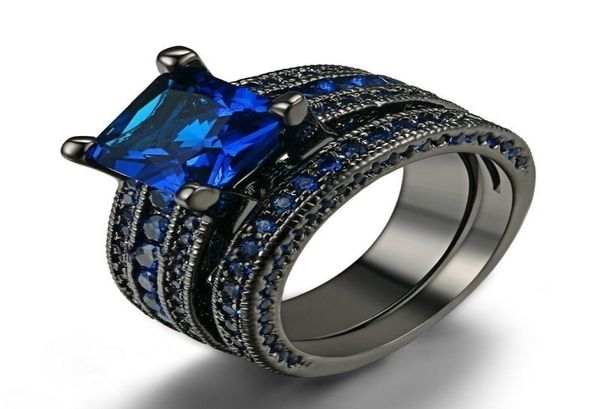 Ring Couple Men039S 316l en acier inoxydable Anneau de carbone Women039S 14kt Black rempli Bleu Natural Blue Sapphire Anneau de mariage2065318