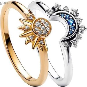 Paar ringen 2-delige/set zomerkaar ring set met hemelsblauwe mousserende maan en zonringen 2024 nieuwe dames stapelbare vinger set met verloving sieraden wx