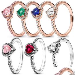 Paar ringen Authentieke 925 Sterling Sier Verhoogde Rood Groen Blauw Roze Hart Pandora Ring Met Kristal Voor Vrouwen Verjaardagscadeau Jewelr Dhfof