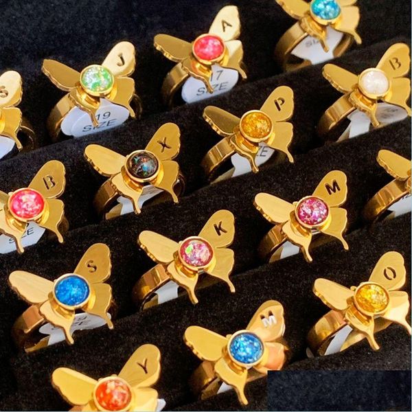 Couple Anneaux Bk Lots 30 Pcs Mignon Colorf Papillon Anneaux En Acier Inoxydable De Luxe Femmes Filles Lettres Personnalité Fête D'anniversaire Cadeaux A Dh4Oh