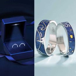 Couple anneaux couple créatif van gogh starry sky anneau set le soir étoile lune ouverte anneau pour amant féminin de mariage doigt en argent joelry s2452301