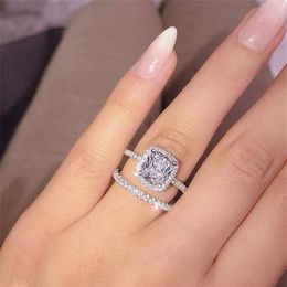 Ringen voor stelletjes Luxe sieraden 925 sterling zilver Rond geslepen 5A Zirkonia CZ Diamant Eternity Party Dames Bruiloft Bruidsring Se262o