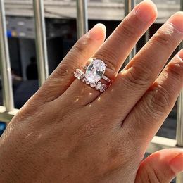 Anéis de casal jóias de luxo 925 prata esterlina ouro preenchimento oval corte branco topázio cz diamante feminino casamento anel de noiva set191k