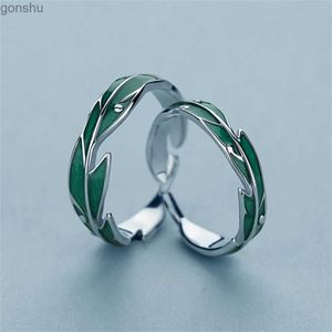 Couple Anneaux New Fashion Green Leaf Couple Couple pour les amoureux féminins Forever Love Silver Open Ring Bride Engagement Bijoux de mariage WX