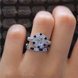 Paar ringen vintage mode -sieraden 925 sterling zilveren kussenvorm blauw saffier cz diamant edelstenen vrouwen bruidsring set