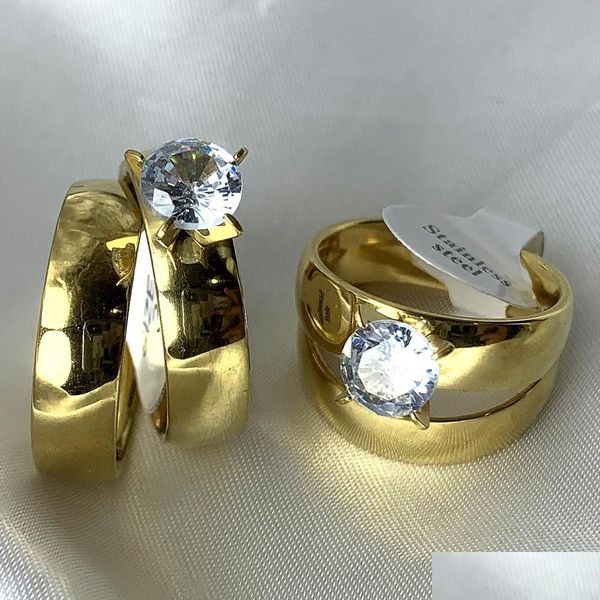 Couple anneaux en gros 36pcs Gold Crystal en acier inoxydable Gemone Couple Rings Charm Fashion Paar Verlobungring Couples Cadeaux Femmes Dhafw