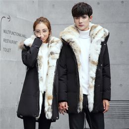 Neue Daunenjacke für Paare, mittellange koreanische Version, übergroße Winter-Herren-Jugendjacke mit verdicktem Kaninchenfell