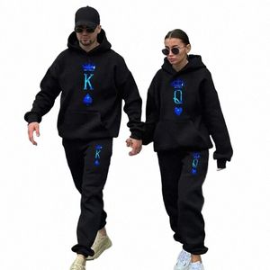 Paar Sportwear KONING KONINGIN Print Hoodies Broek Tweedelige Set Fi Lover Streetwear Mannen Vrouwen Bijpassende Kleding b4d9 #