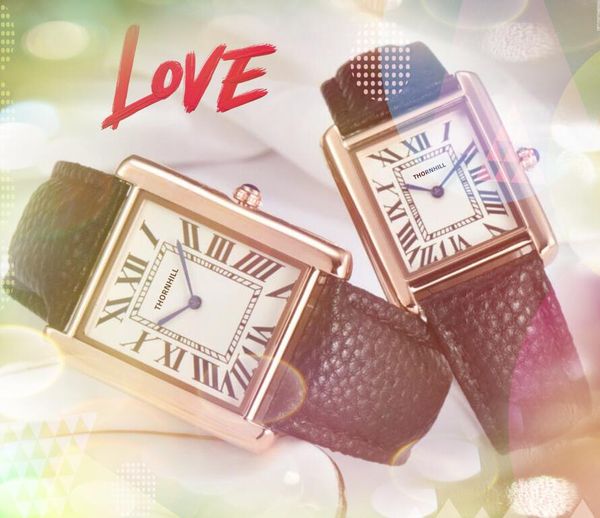 Couple carré quartz montres de mouvement en cuir marron noir