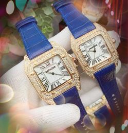 Paar vierkante Romeinse wijzerplaat Liefhebbers kijken Luxe mode Crystal Diamonds Ring Case Men Kijkt vrouwen Quartz Leather Belt Business Casual Bracelet Clock Polshiper