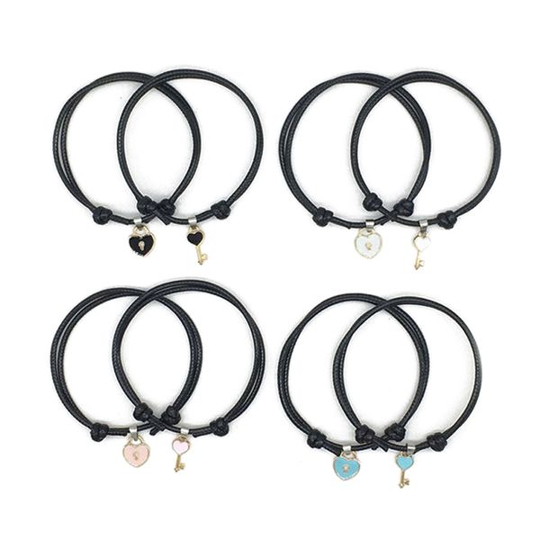 Pulsera de moda para parejas para amigos, diseño de llave de bloqueo, pulsera de cuerda de Color negro, joyería al por mayor, juego de 2 uds.