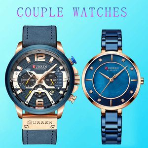 Pareja Reloj Hombre y Mujer Curren Acero inoxidable Amantes a prueba de agua Relojes Pareja azul Relojes para amantes Relojes Hombre 210527