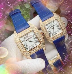 Couple Femmes Hommes Habitants Montres Plein Diamants Bague Cas Glacé Montre Mouvement À Quartz Carré Romain Original Solide Bracelet Montre-Bracelet Cadeau