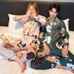 Parejas MenWomen Satin Pijamas Set 2 unids TopPant Perro Cachorro Dibujos animados Seda Suave Nueva Primavera Femme Ropa de dormir Ropa de dormir PJS 201217