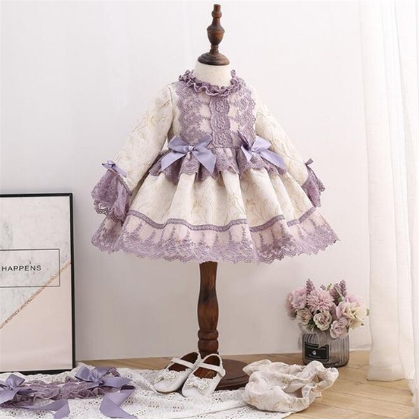 Corte estilo primavera bebé niñas manga larga Bowknot vestidos florales niños niña princesa ropa + banda para el cabello 210521