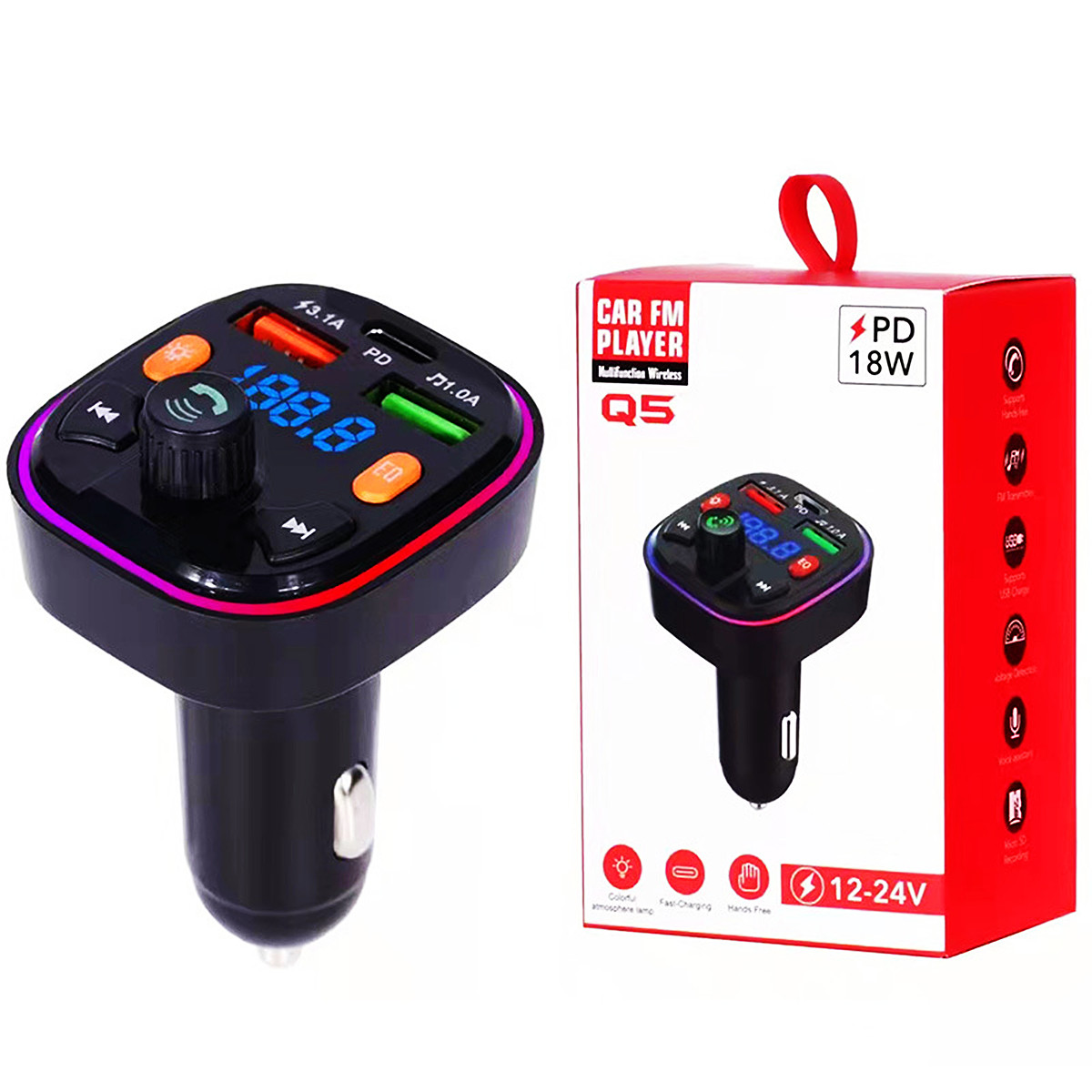 cousume Electronics Q5 Trasmettitore FM senza fili Bluetooth 5.0 Kit vivavoce per auto Lettore MP3 Caricatore USB 3.1A